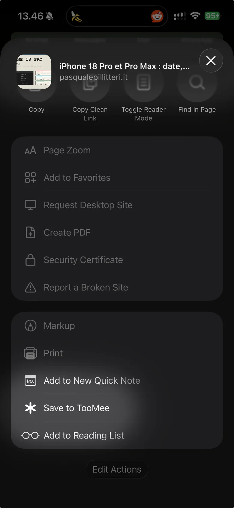 Safari's action list, showing the "Save to TooMee" entry.