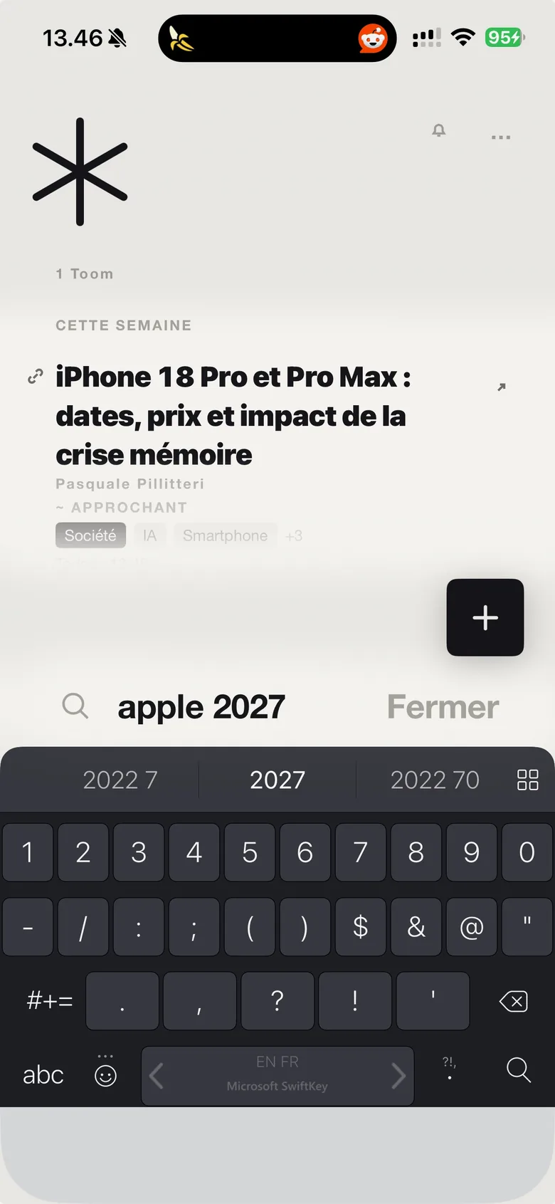 Searching "apple 2027" in TooMee: the iPhone 18 article comes up, marked as a near match.