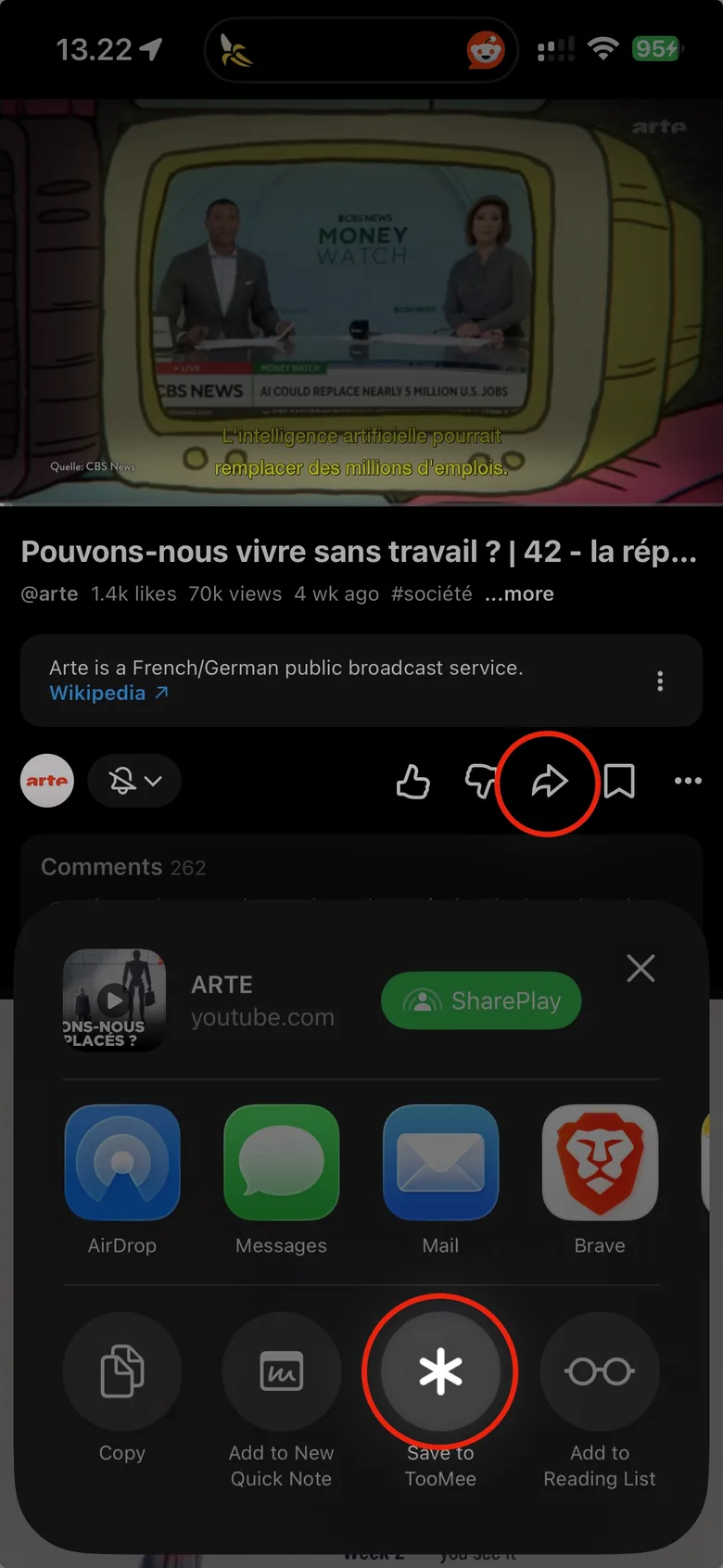 The iOS share sheet showing the "Save to TooMee" action.